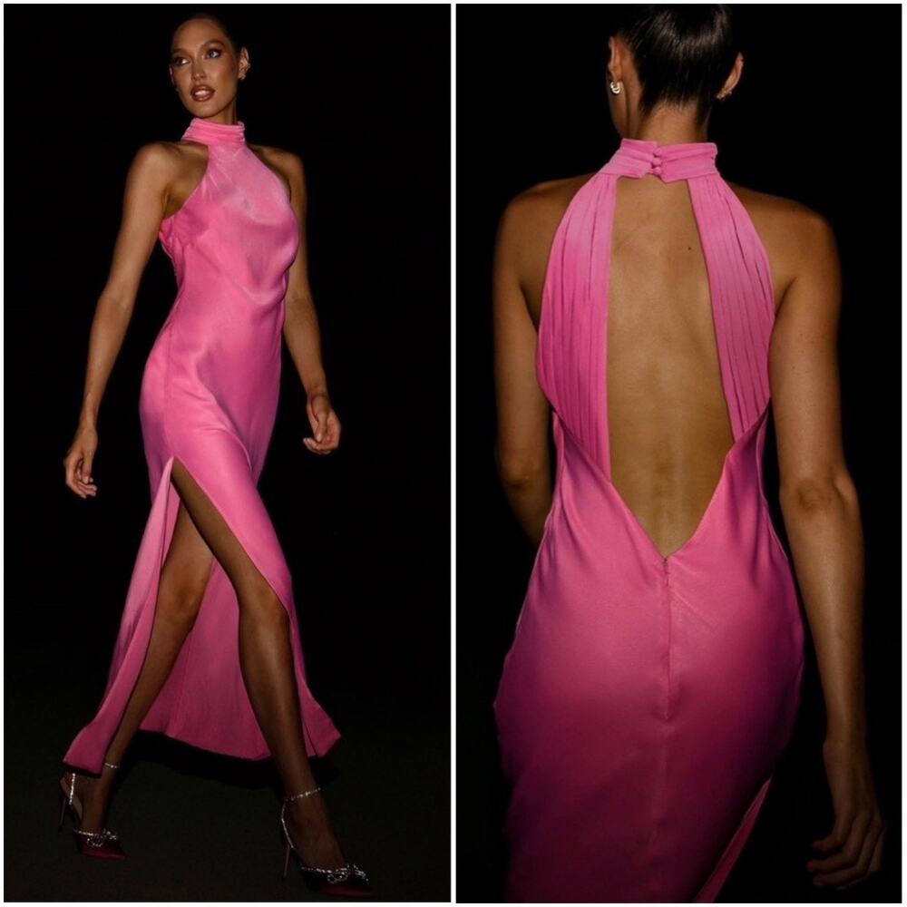 MESHKI Claire Satin Drape Back Maxi Dress Halter Ruched Backless Formal Gown